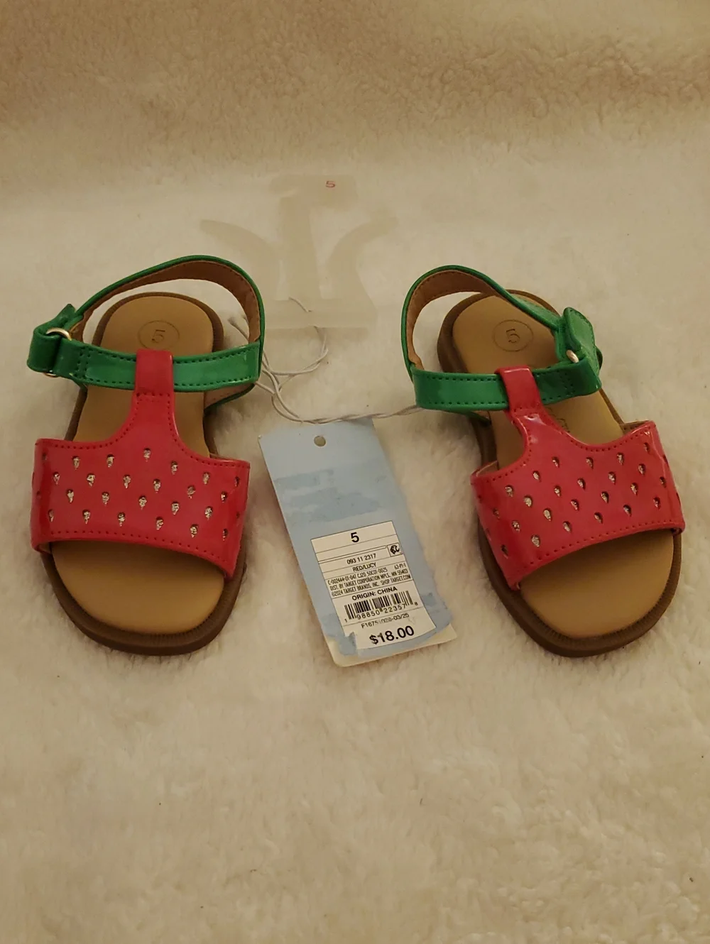 Cat & Jack Toddler Girls Red & Green Sandals Size 5 NWT Hook & Loop Velcro